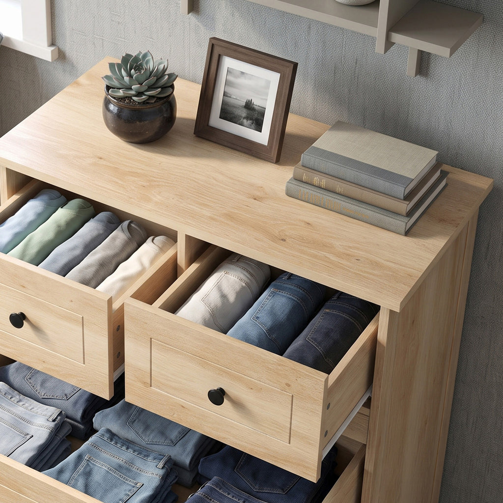 Commode meuble de rangement 5 tiroirs pour chambre, bureau, entrée, chêne et poignée métal noir-8
