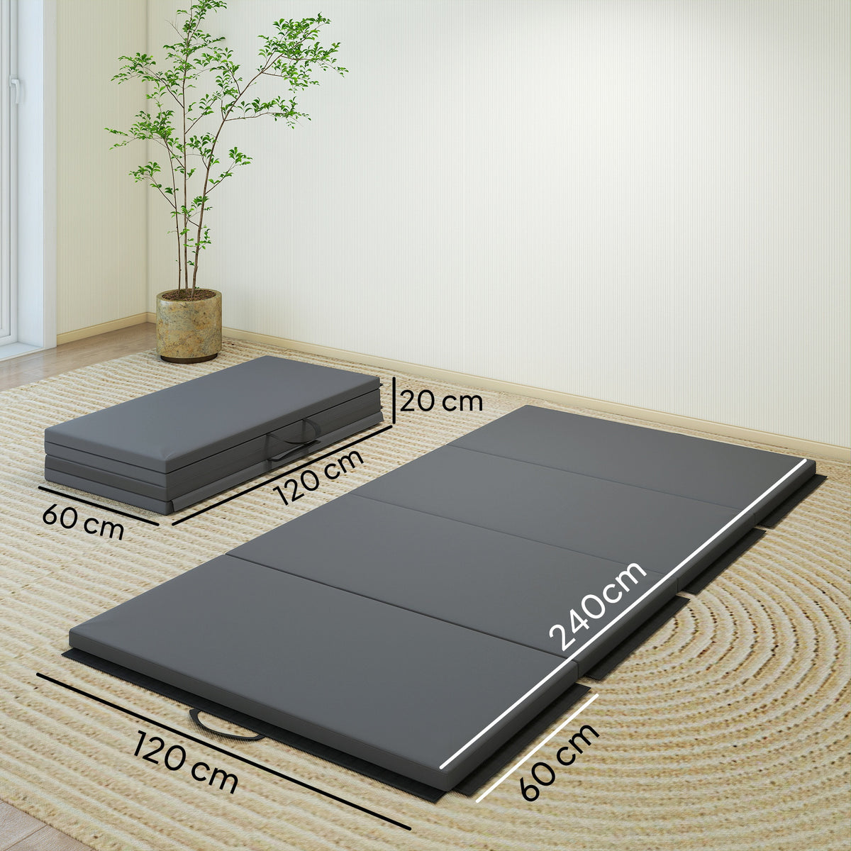 Tapis de gymnastique yoga pilates fitness pliable en 4 avec poignées revêtement synthétique 240 x 120 x 5 cm gris-2