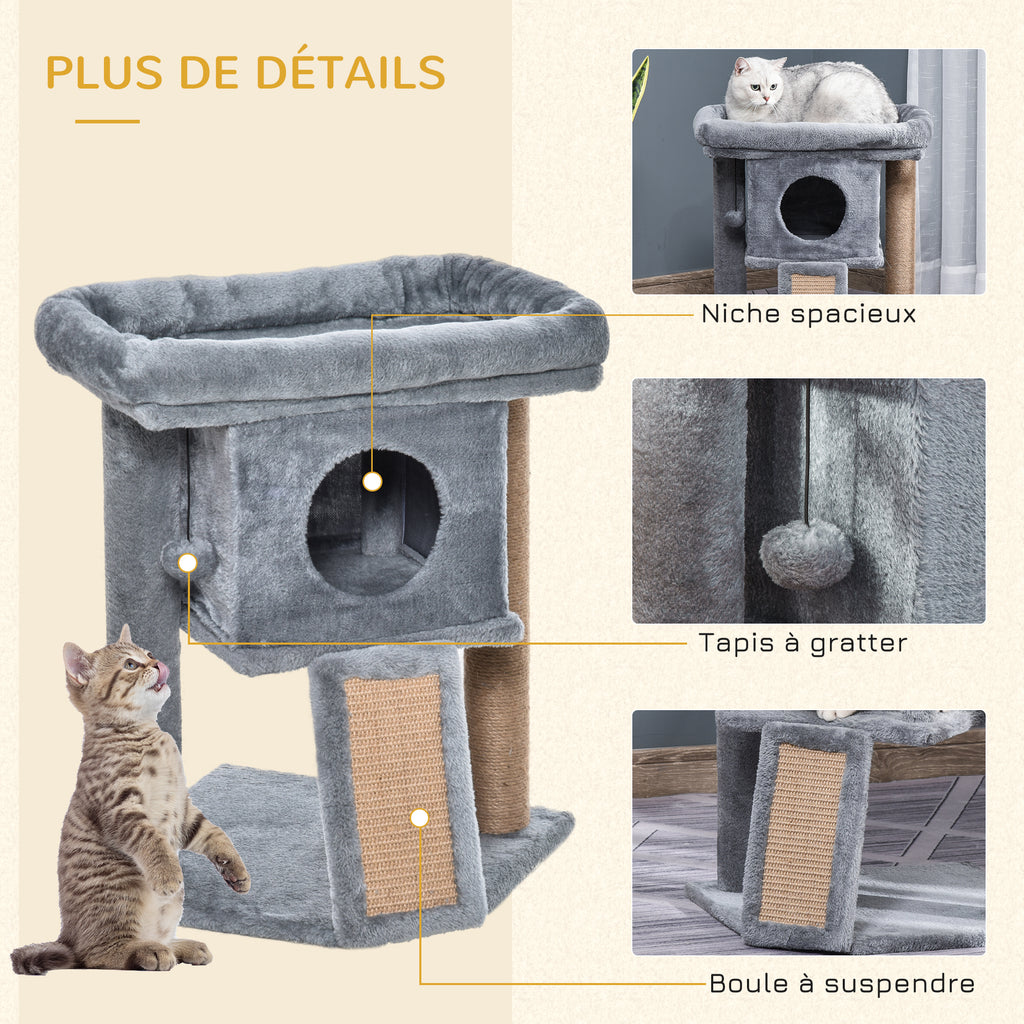 Arbre à chat hauteur de 57 cm avec griffoir en jute, niche, plateforme et balle de jeu, en tissu peluche gris clair-4
