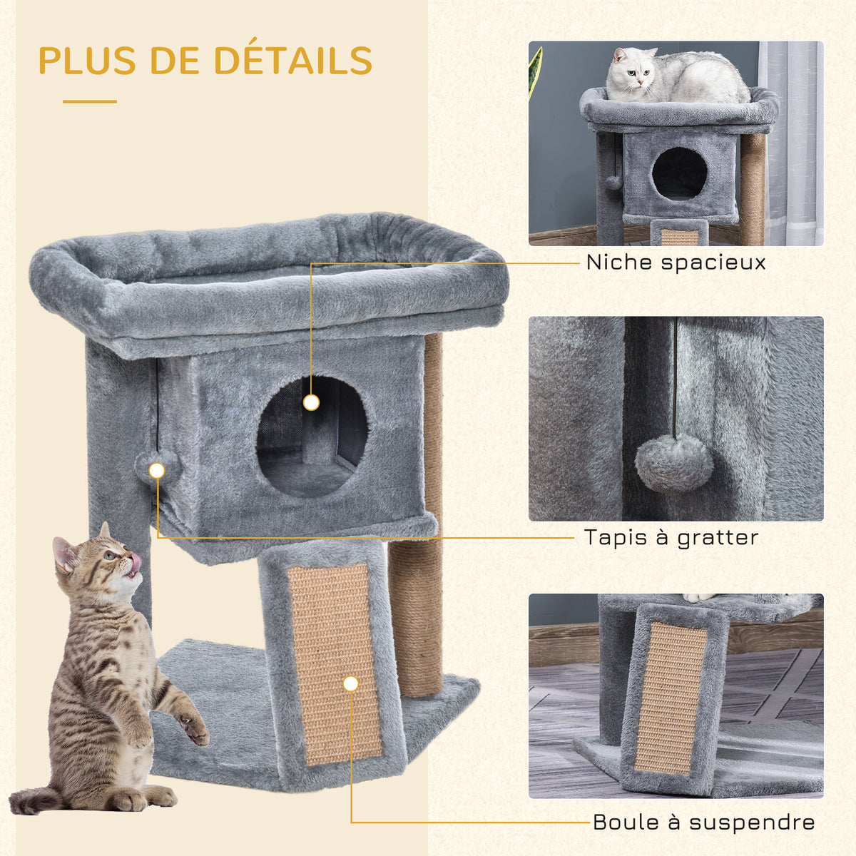 Arbre à chat hauteur de 57 cm avec griffoir en jute, niche, plateforme et balle de jeu, en tissu peluche gris clair-4