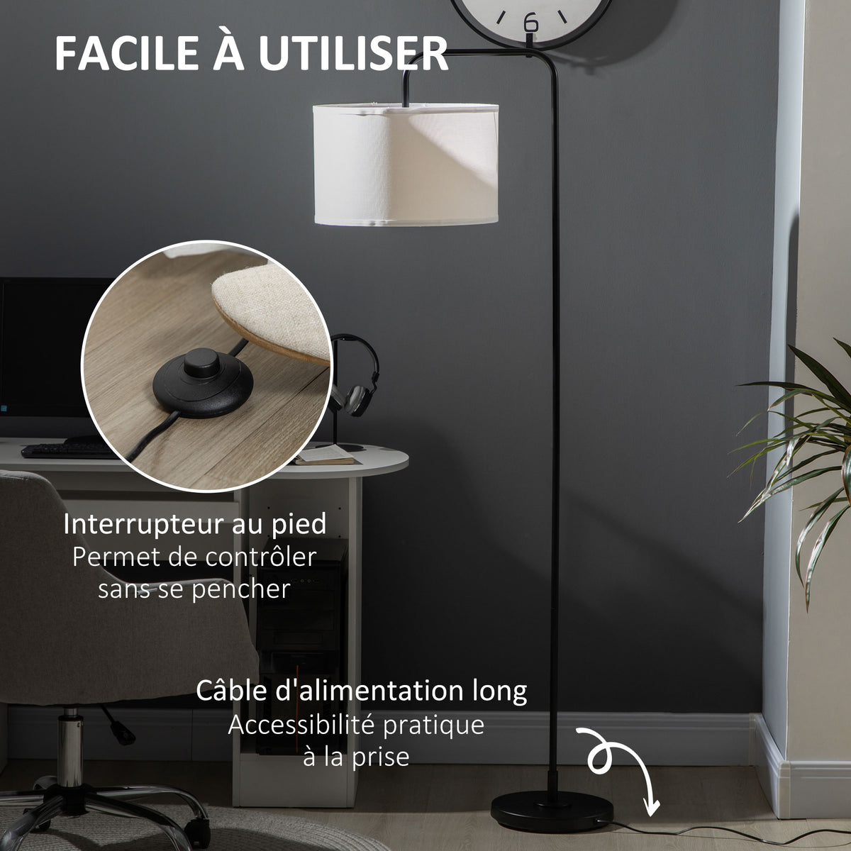 Lampadaire sur pied salon en métal noir moderne avec abat-jour câble de 180 cm 64 x 38 x 163,5 cm noir-4