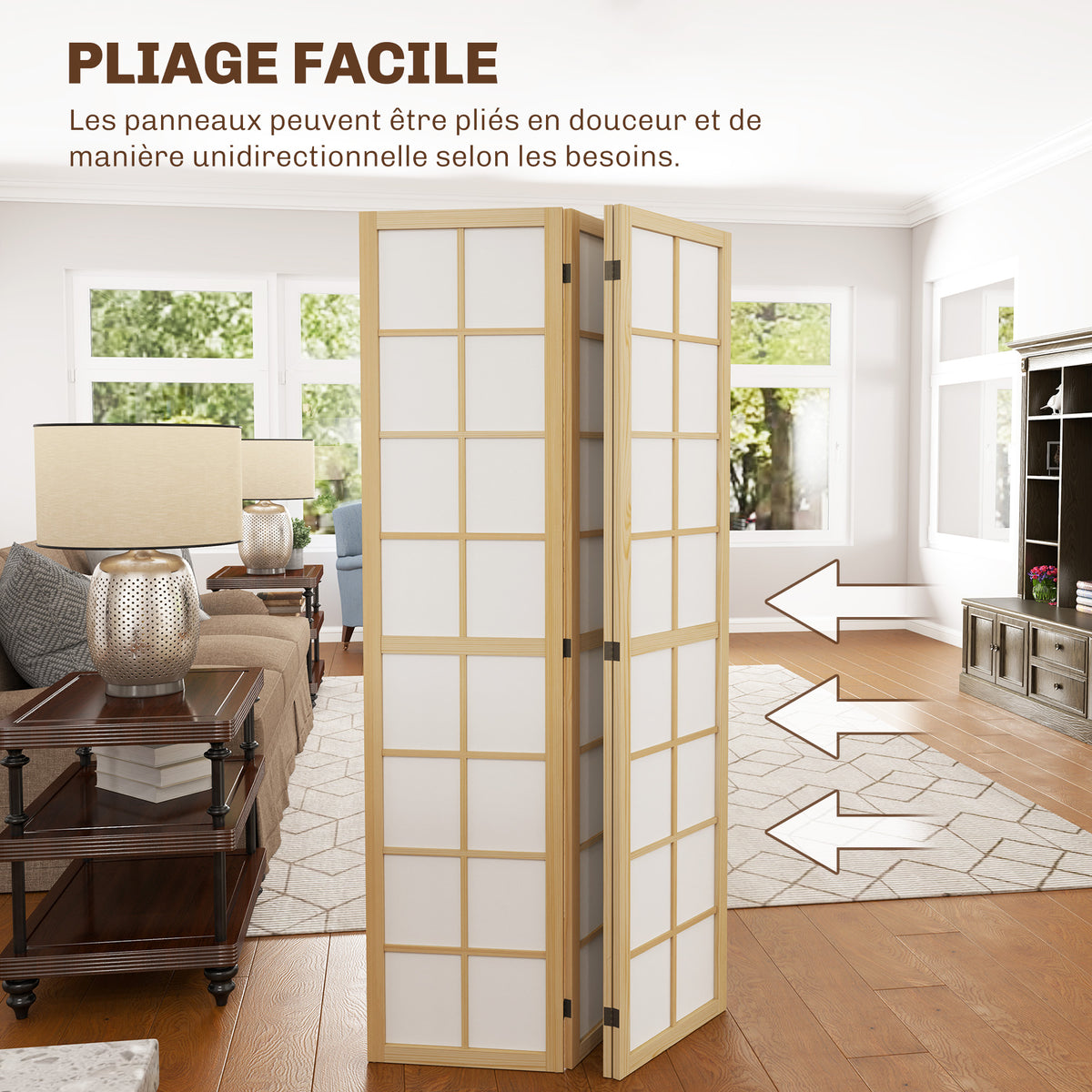 Paravent interieur pliable 4 panneaux 160 x 170 cm séparateur de pièce pour salon chambre à coucher maison, naturel-4