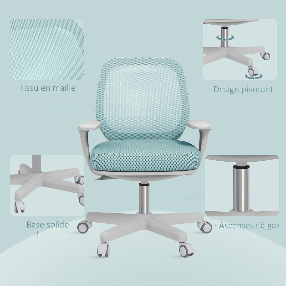 Fauteuil de bureau, chaise de bureau ergonomique en maille, hauteur réglable, 55x48x82,5-94,5cm, vert-6