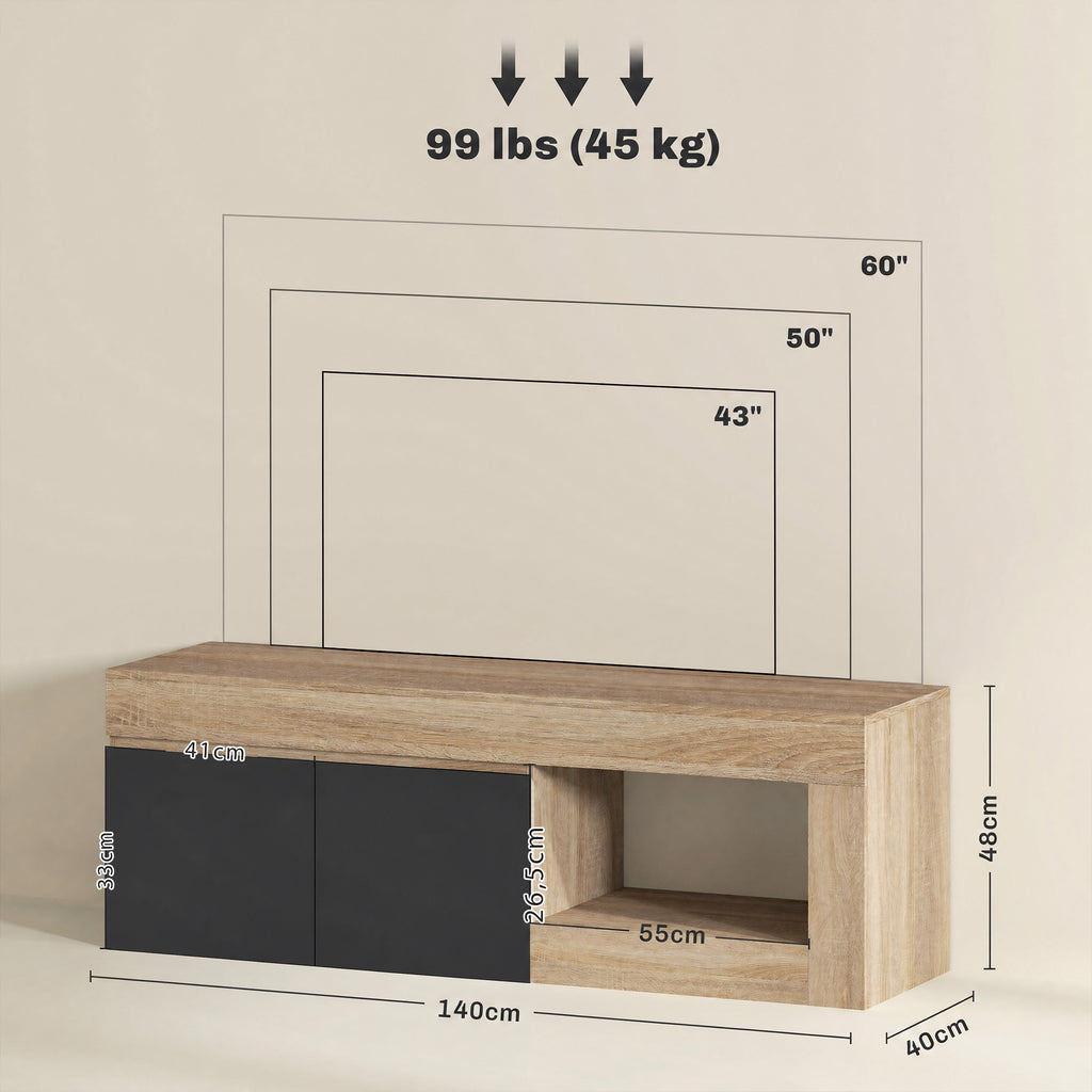 Meuble TV 2 portes pour téléviseurs jusqu'à 60 pouces, meuble télé avec placard et étagère ouverte, noir-2