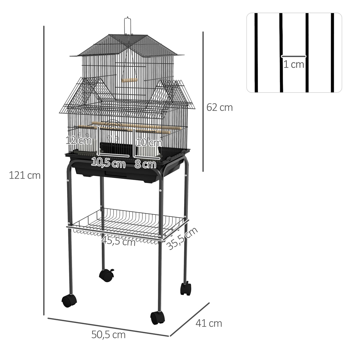 Cage à oiseaux design maison mangeoires perchoirs 3 portes plateau excrément amovible + poignée transport noir-2