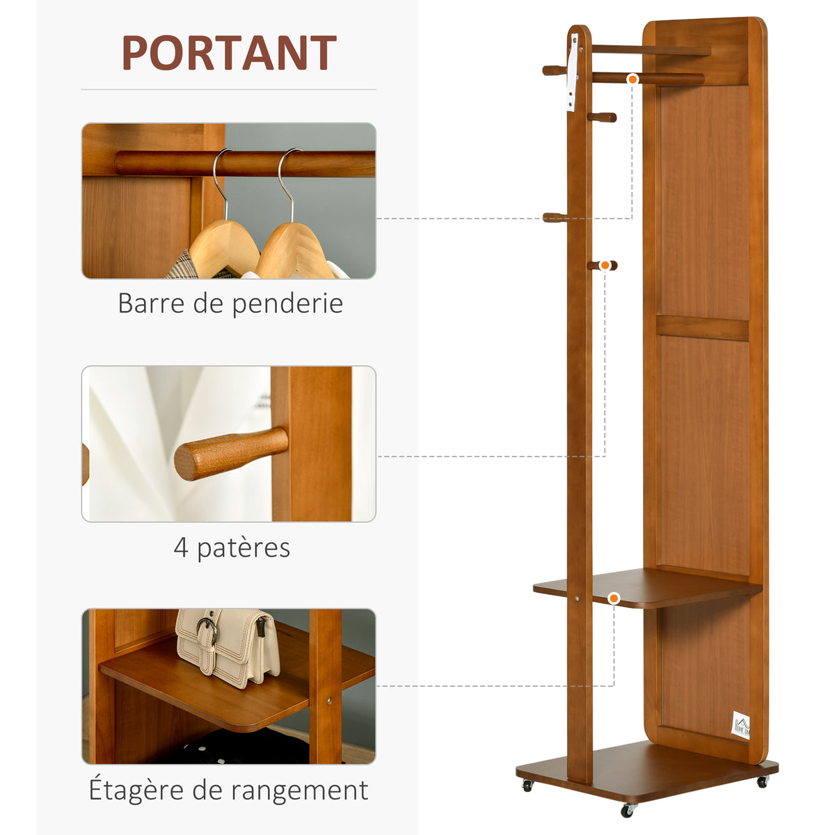 Miroir sur Pied avec roulettes - Portant, 4 patères étagère MDF Aspect Noyer-4
