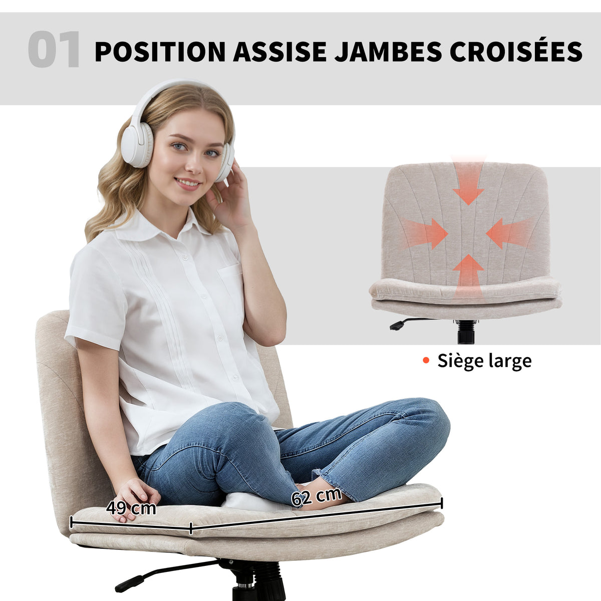 Chaise de bureau sans accoudoirs, fauteuil de bureau en chenille, hauteur réglable, 62 x 67 x 83-93 cm, beige-3