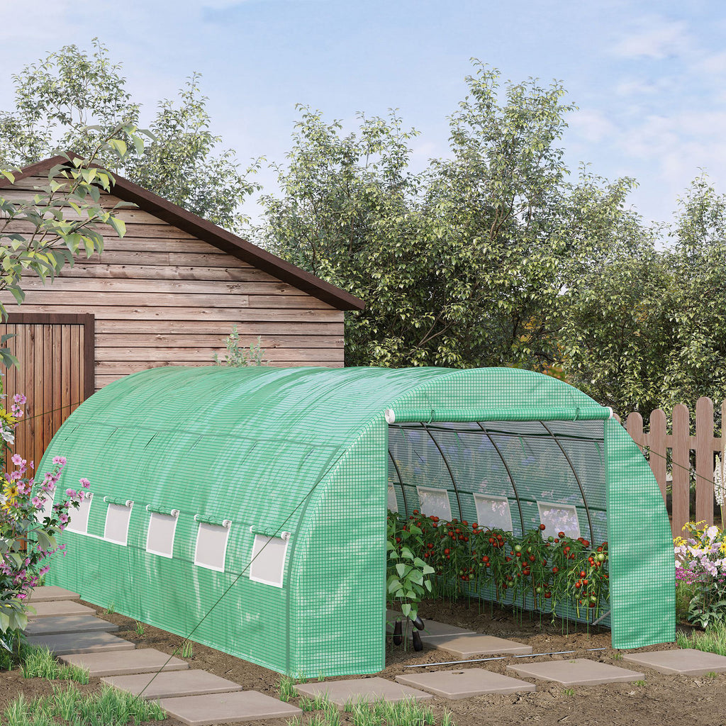 Serre de jardin serre tunnel 18 m² avec porte, parois latérales enroulables 12 fenêtres acier PE  4 x 3 x 2 m vert-1