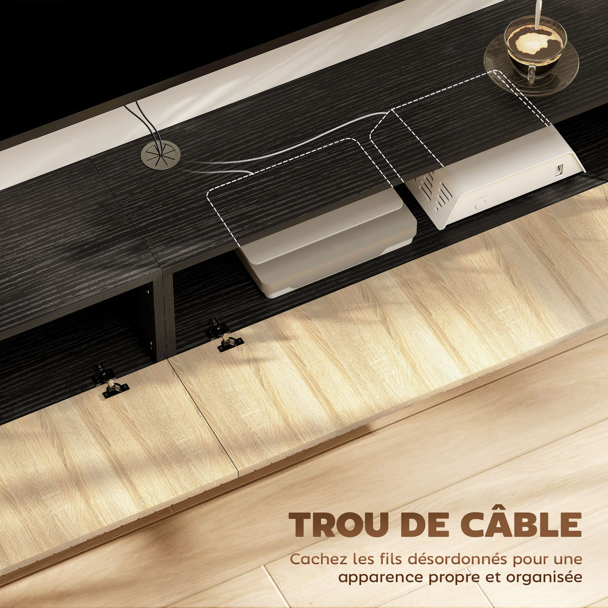 Meuble TV suspendu 140cm, meuble télé pour téléviseur 72 pouces, 2 portes rabattables, 140x25x22cm, bois naturel et noir-5