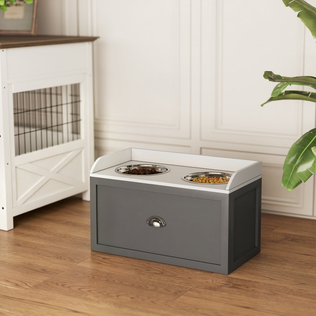 Gamelle double chien chat - porte-gamelles surélevé rangement 2 en 1 - tiroir, 2 gamelles - acier inox. MDF blanc gris-1