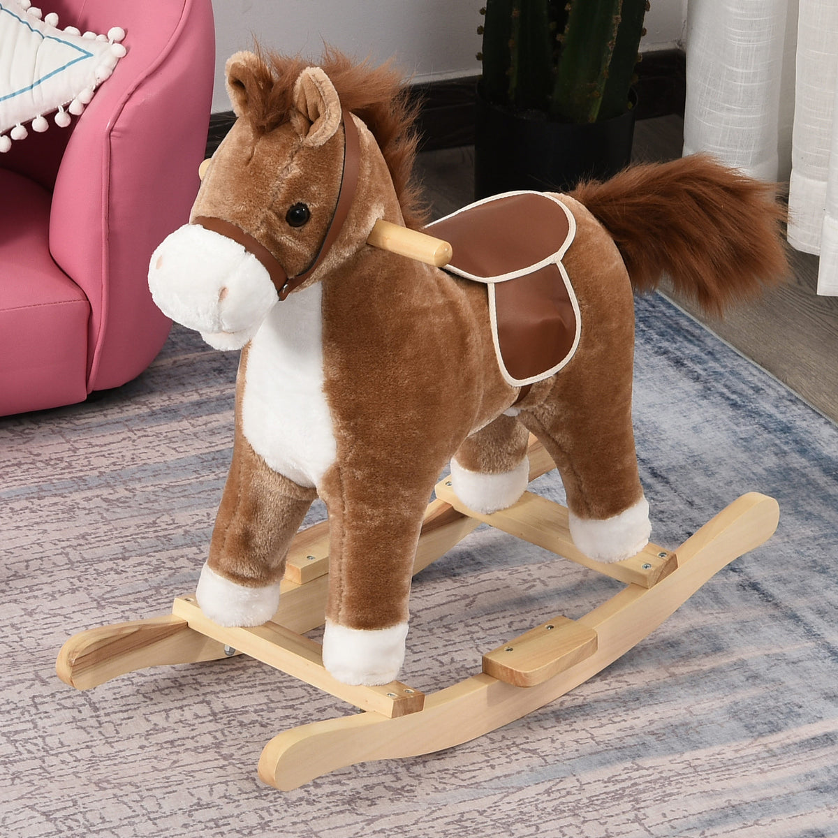 Cheval à Bascule Selle Grand Confort Peluche Courte Douce Bois peuplier Brun dim. 65L x 32,5l x 61H cm-1