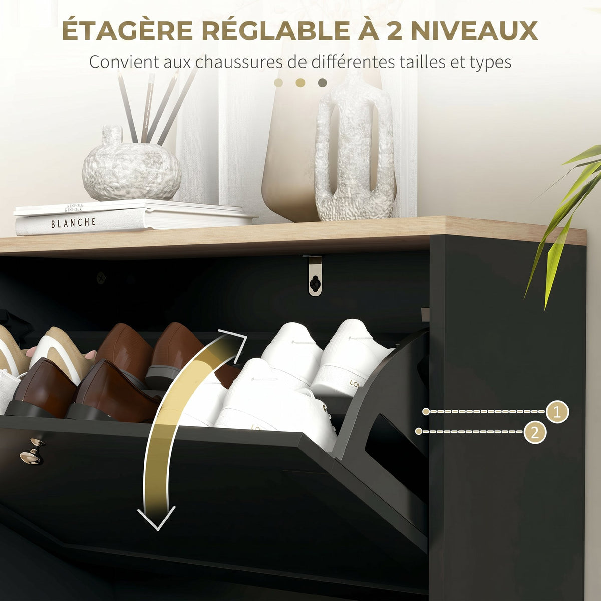 Meuble à Chaussures 12 Paires, Meuble d'Entrée avec 2 Tiroirs Rabattables et Étagères Réglables, 60 x 23,5 x 80cm, Noir-4