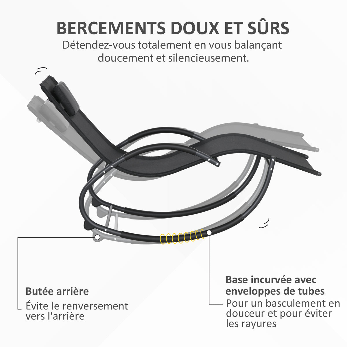 Chaise longue à bascule avec tétière utilisation extérieure intérieure noir-4
