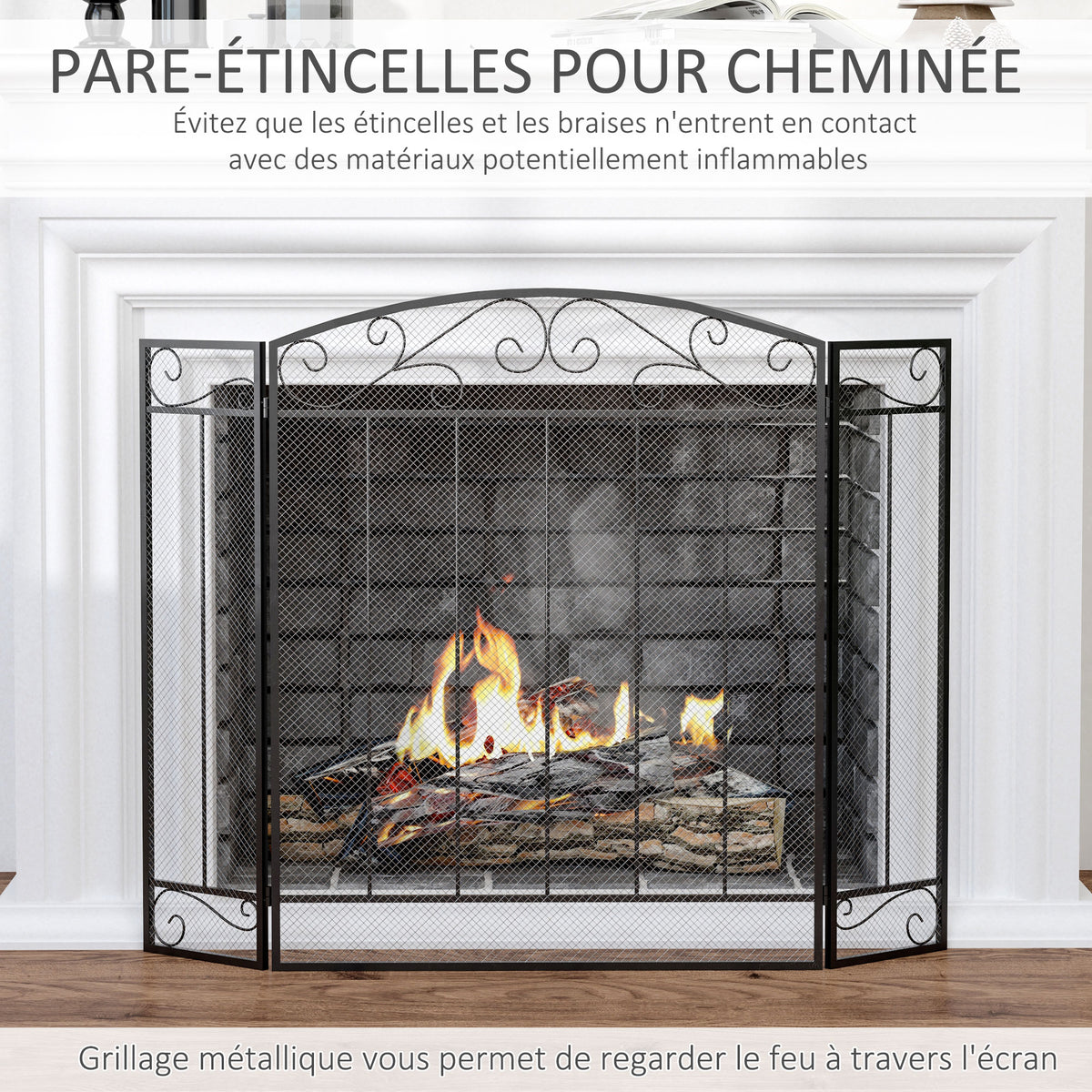 Grille de Protection pour cheminée - Pare-feu Large pour cheminée ou poêle - Pare-étincelles - barrière de sécurité - 3 Volets Pliables - Acier métal Noir-3