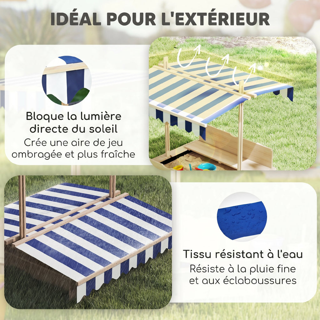 Bac à sable carré en bois pour enfants dim. 106L x 106l cm avec bancs et couvercle - auvent réglable-4