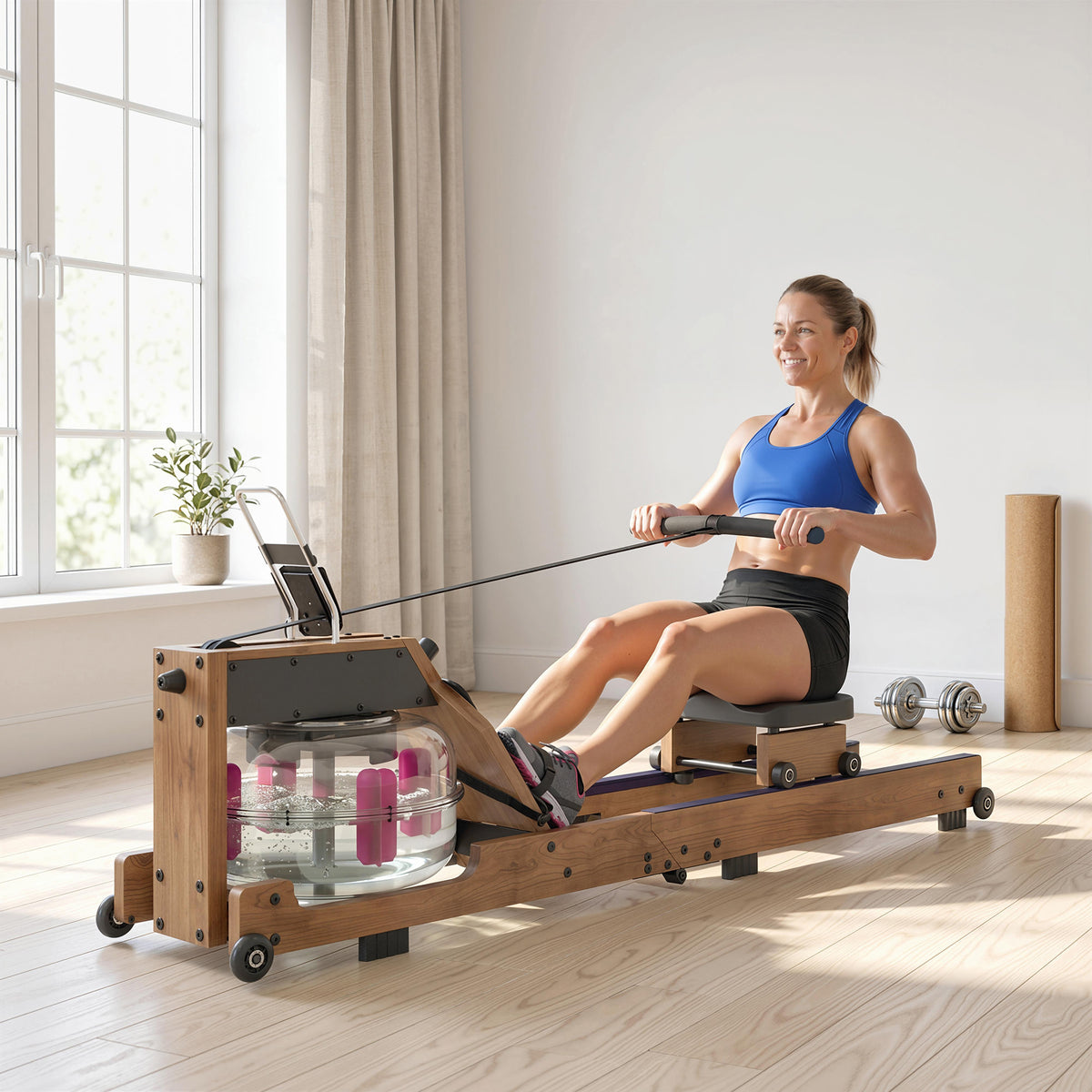 Rameur à Eau Rameur Appartement Pliable Double Rail Capacité 158kg Connexion Bluetooth 182x42x67cm Chêne-9