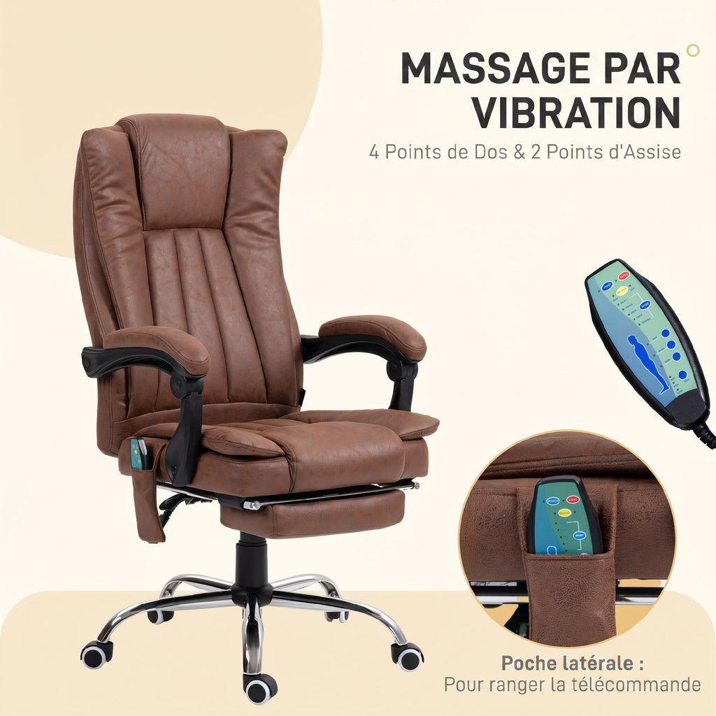 Fauteuil de bureau massant et chauffant avec hauteur réglable, dossier inclinable, repose-pied et télécommande, marron-3