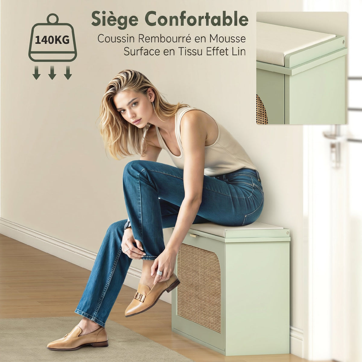 Banc à chaussures, banc de rangement, assise rembourrée, tiroir rabattable, porte en rotin, 80 x 26 x 47,5 cm, vert-4