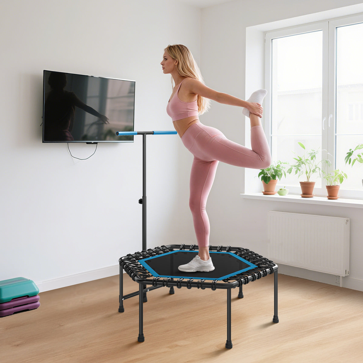 Trampoline de fitness 114 cm, cordes élastiques, poignée réglable 3 positions, trampoline d'exercice silencieux, bleu-6