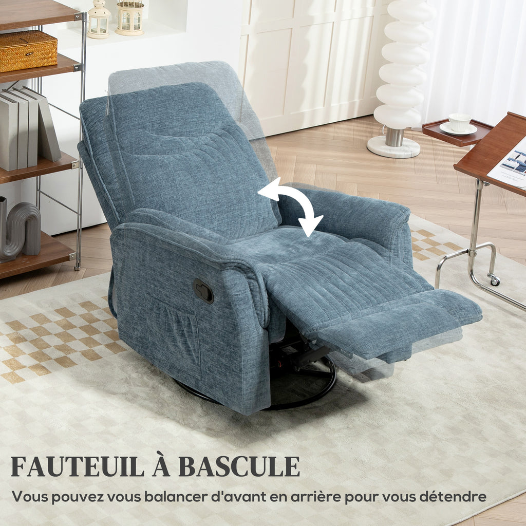 Fauteuil inclinable manuel pivotant avec repose-pieds rétractable, dossier réglable, bleu-6