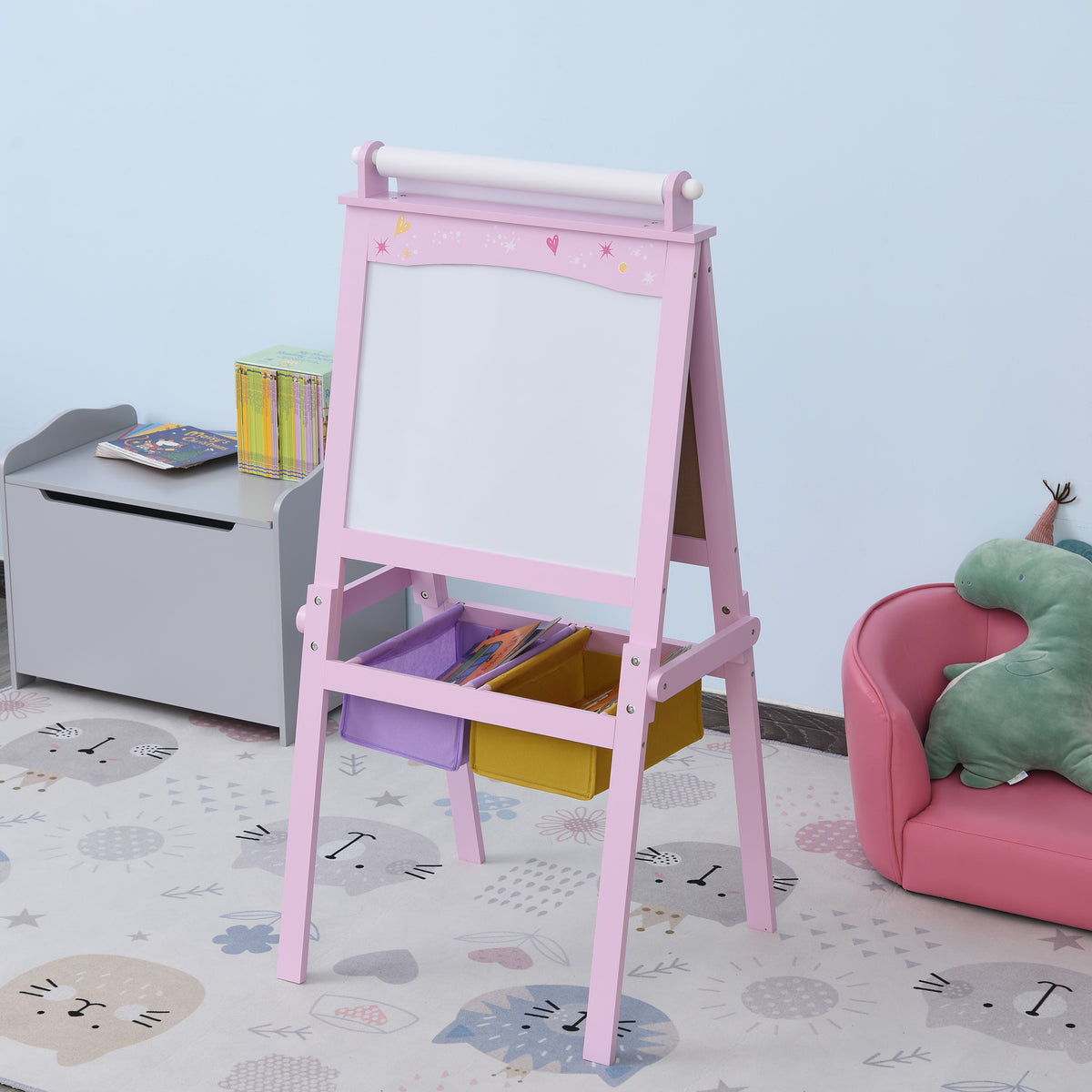 3 en 1 Tableau Enfant - chevalet Enfant - Ardoise Double Face - Tableau Blanc Tableau à Craie - Rouleau Papier avec accessoires + paniers Rangement intégrés - MDF Rose-7