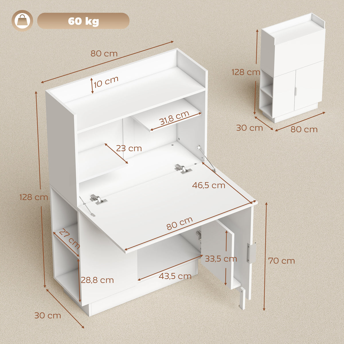 Bureau d'ordinateur pliant, bureau informatique avec plateau rabattable, étagères et placard, 80x30x128cm, blanc-2