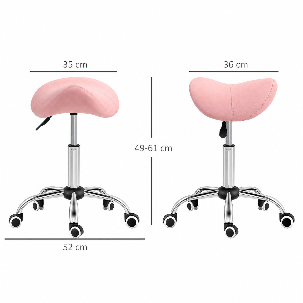 Tabouret à roulettes, chaise de travail avec hauteur réglable 49-61 cm et selle ergonomique, 52x53x49-61cm, rose-2