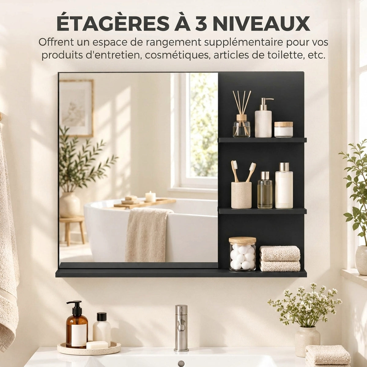 Miroir Salle de Bain avec 3 Étagères 60 x 48 cm, Miroir Mural Modern pour chambre à coucher, bureau, Noir-4