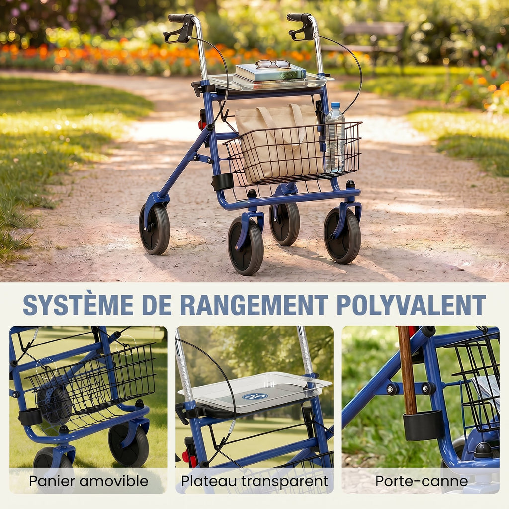 Déambulateur 4 roues pliable, rollator en acier inoxydable, siège rembourré en PU, poignée réglable, bleu-5