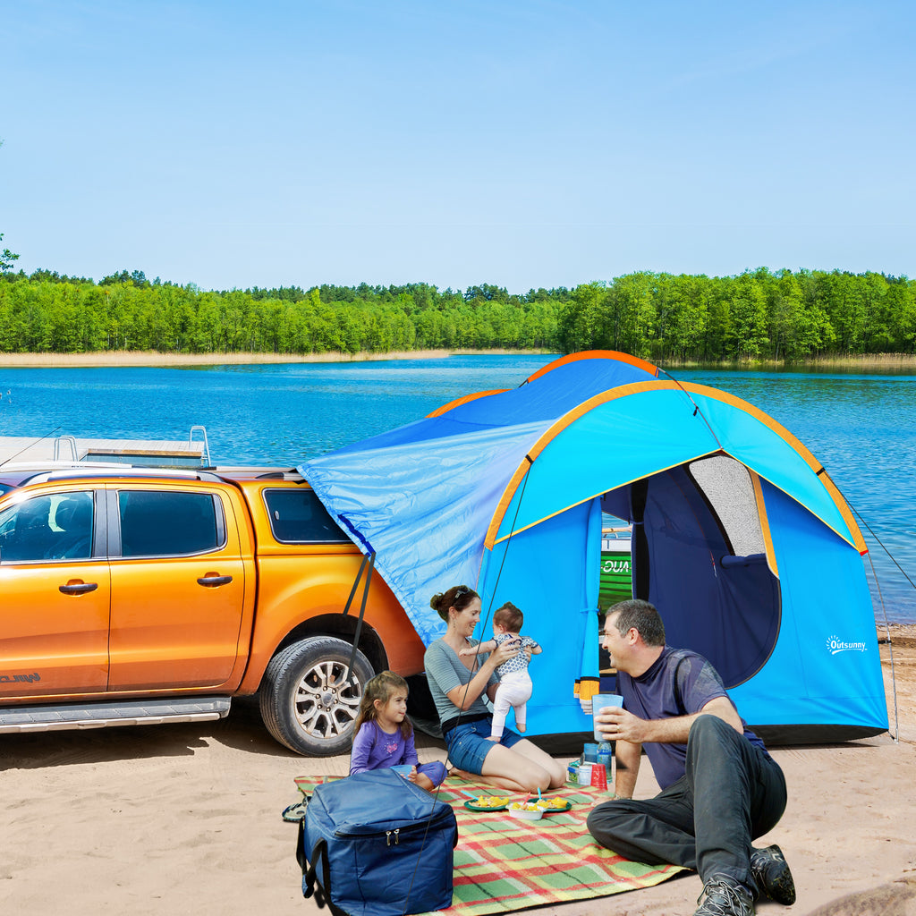 Tente de voiture pour SUV hayon 5-6 personnes avec 3 portes, fenêtre en maille, pour trekking, randonnée, bleu et orange-1