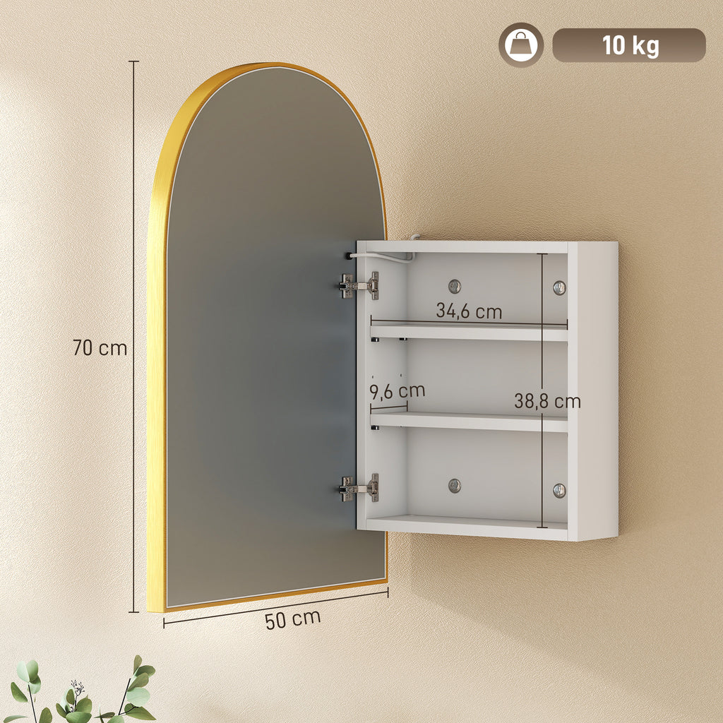 Armoire murale salle de bain avec miroir et éclairage LED, porte arquée, anti-buée, 50x14,5x70cm, doré-2