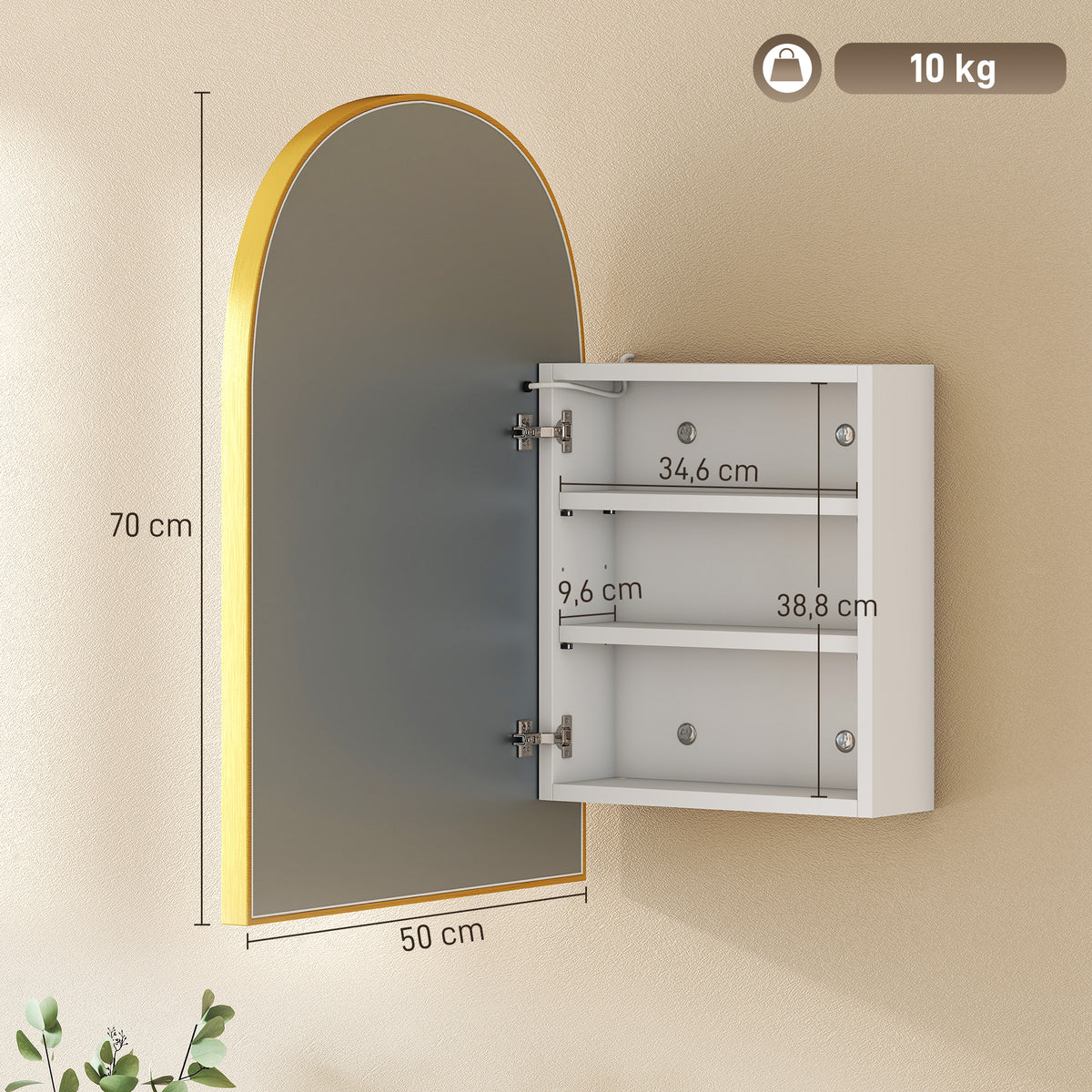 Armoire murale salle de bain avec miroir et éclairage LED, porte arquée, anti-buée, 50x14,5x70cm, doré-2