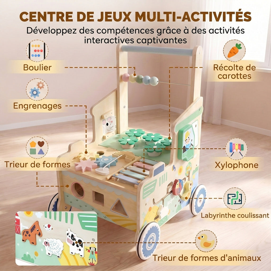Trotteur Bebe en Bois, Chariot de Marche Bébé, Centre d'Activités, Espace de Rangement, Vert-3