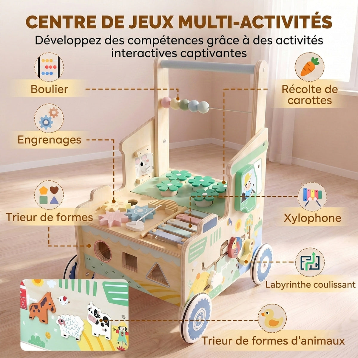 Trotteur Bebe en Bois, Chariot de Marche Bébé, Centre d'Activités, Espace de Rangement, Vert-3