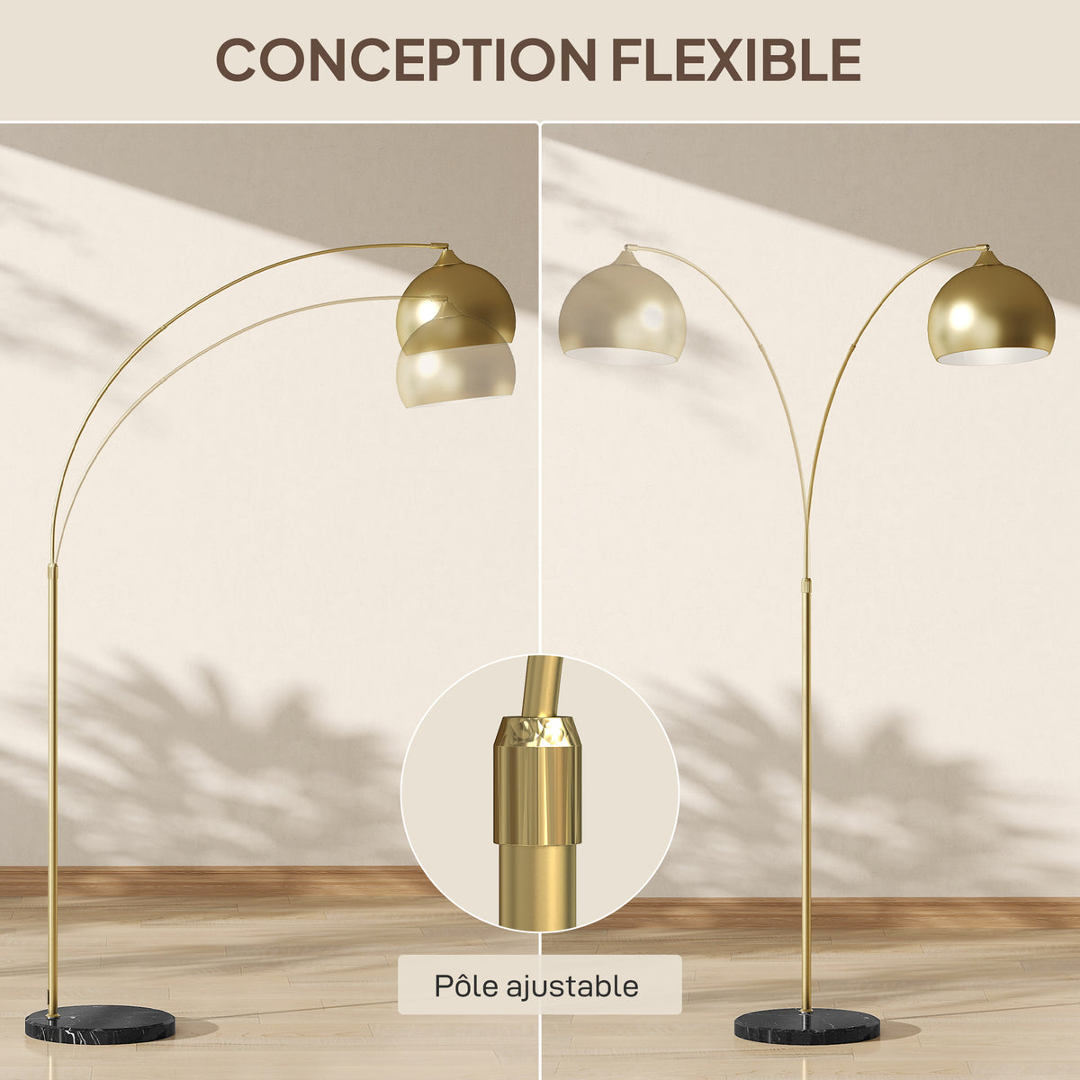 Lampadaire lampe de salon arc réglable pied marbre style vintage 40W E27 dim. 100-115L x 30l x 170-180H cm doré-4