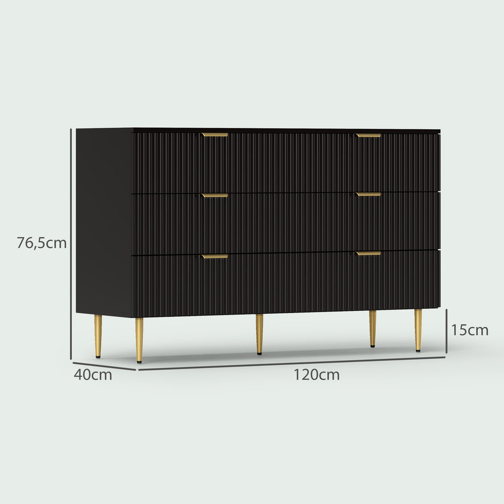 Commode 6 tiroirs commode chambre meuble de rangement moderne avec poignées et pieds dorés, 120 x 40 x 76,5 cm, noir-2
