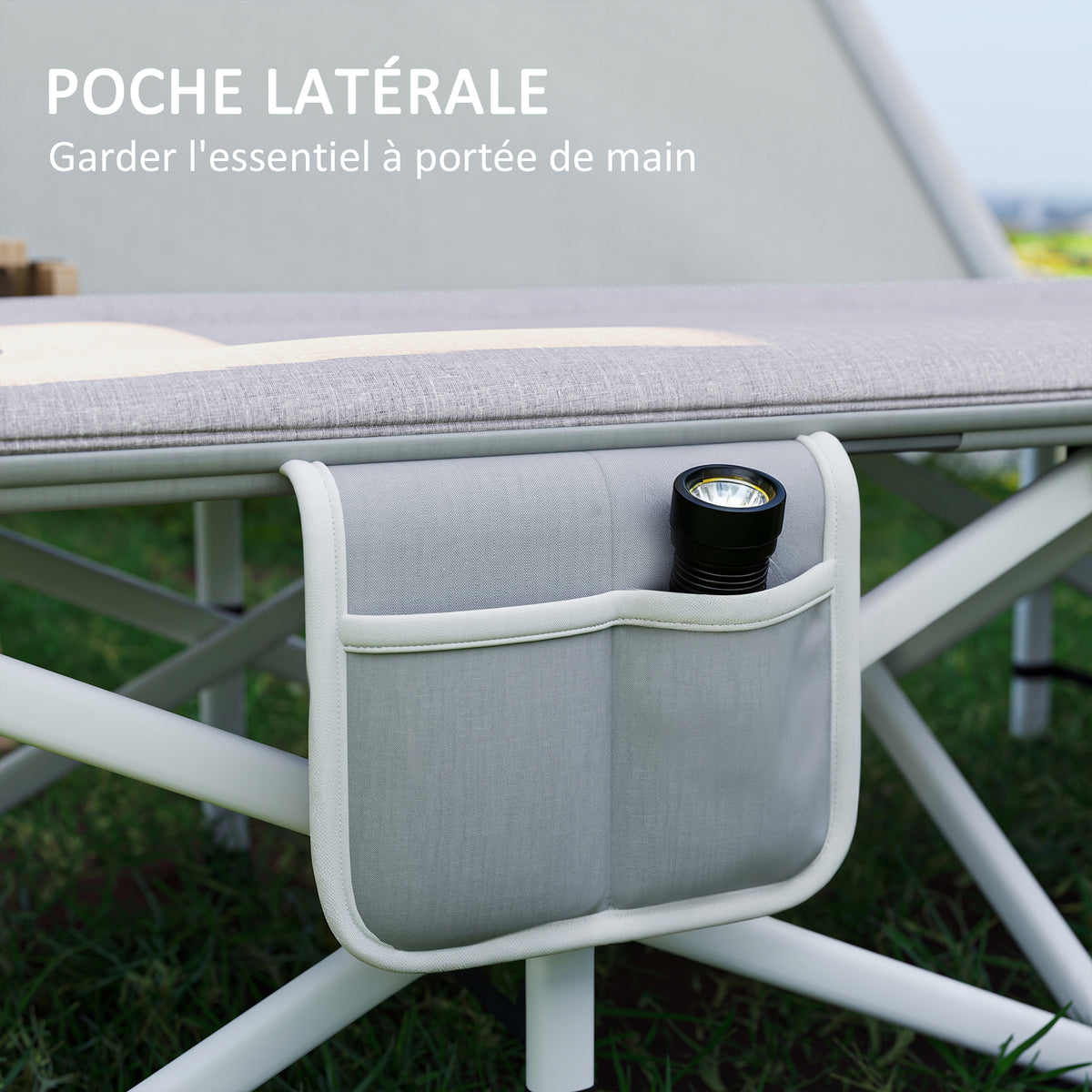 Lit de camping pliable avec matelas transat chaise longue sac de rangement intégrée dim. 185L x 65l x 37H cm gris-5