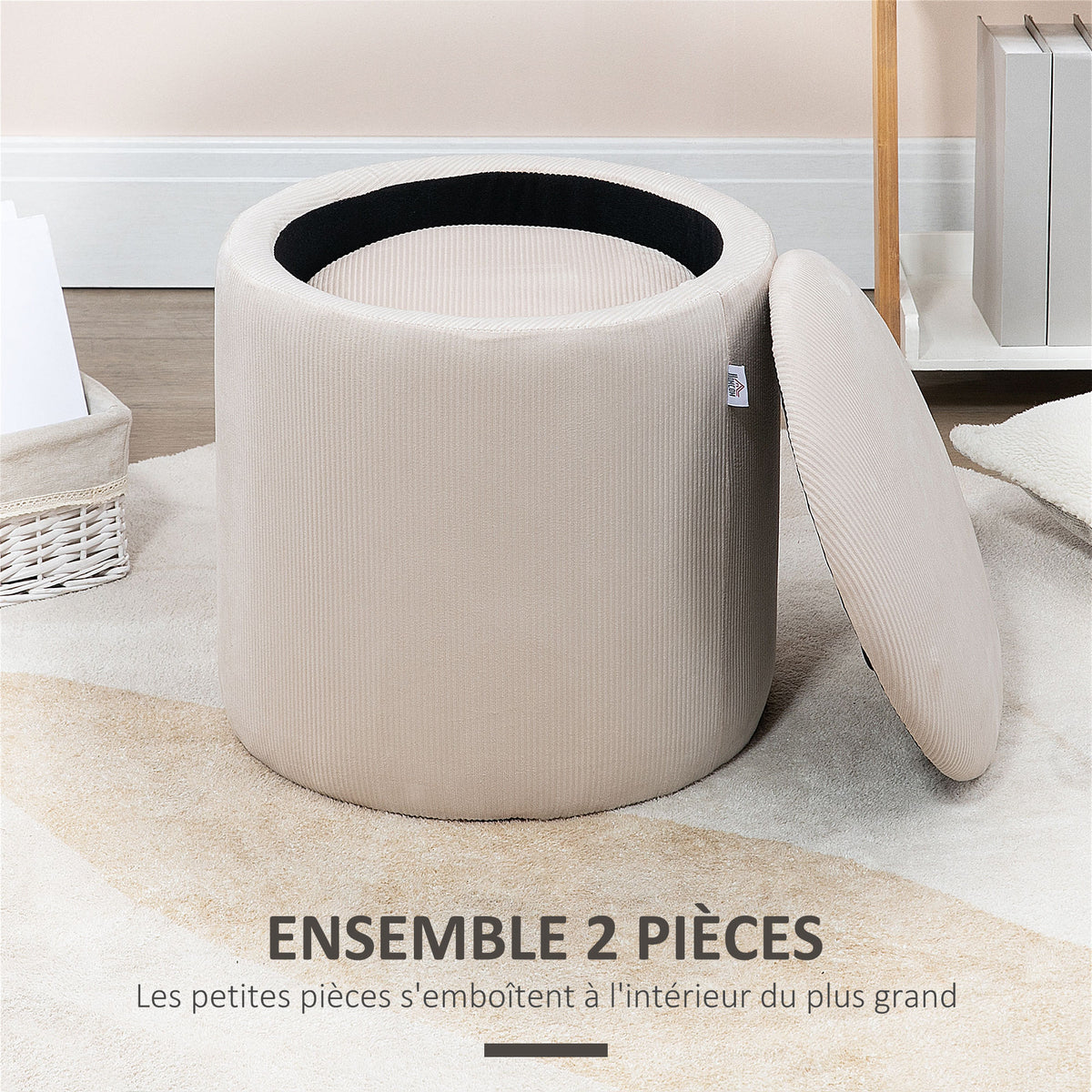 Lot de 2 poufs tabourets repose-pieds coffre de rangement en tissu aspect velours côtelé Ø40 cm et Ø30 cm, crème-3