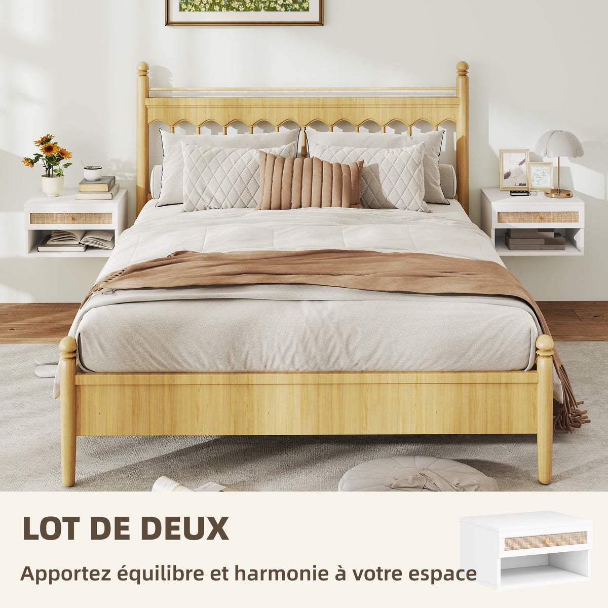 Lot de 2 tables de chevet murales tiroir coulissant, niche, plateau - en bois dim. 40L x 34l x 23H cm-3