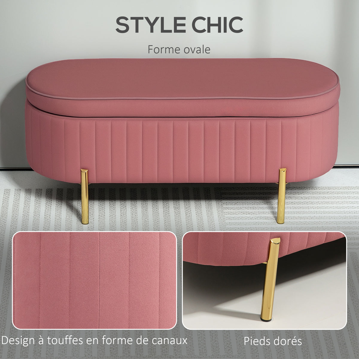 Banc de rangement, bout de lit en velours avec couvercle, pieds en métal, capacité 72 L, 107x42x45,5cm, rose-4