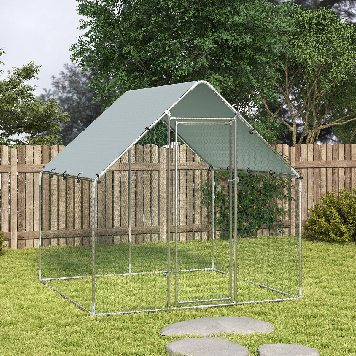 Enclos poulailler extérieur 4 m², parc grillagé - acier galvanisé Ø19mm - bâche Oxford 420D anti-UV 200x200x200cm argent-8