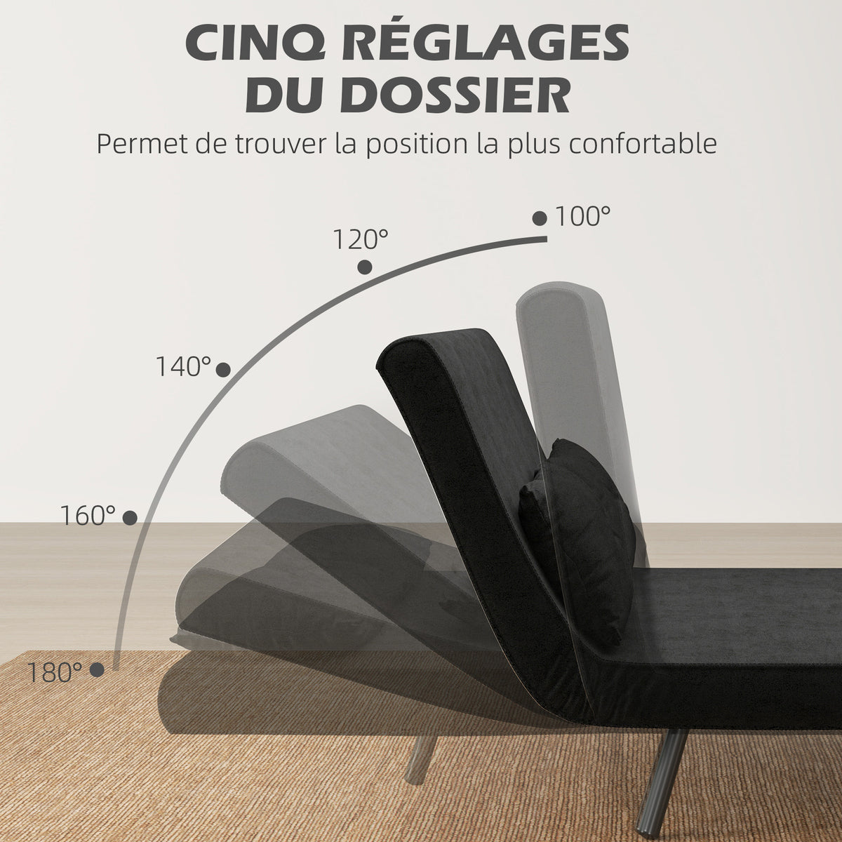 Canapé convertible 2 places 4 en 1, canapé-lit avec dossier réglable sur 5 niveaux, 2 coussins, 102 x 73 x 81 cm, noir-4