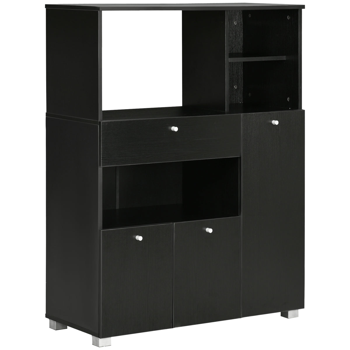Meuble de micro-onde multi-rangements 2 placards 4 niches tiroir coulissant dim. 90L x 40l x 120H cm en bois noir-0