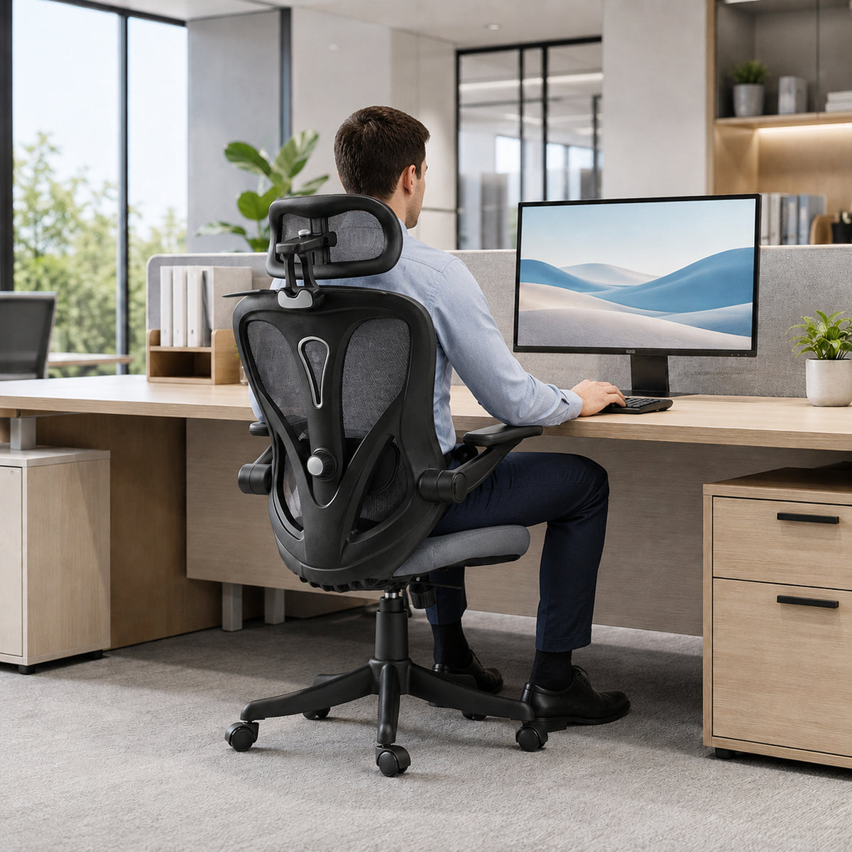 Chaise Bureau Ergonomique avec Accoudoirs 3D et Appui-Tête 2D, Fauteuil de Bureau en Maille, Support Dorsal, Gris-8