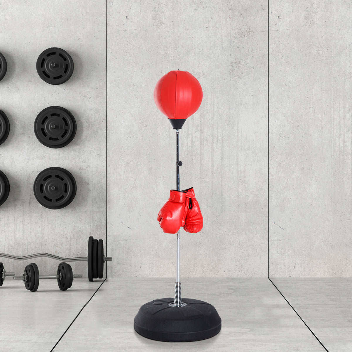 Sac de Frappe sur Pied Punching ball sur pied réglable en hauteur 126-144 cm avec gants, pompe et base de lestage pour adolescents et débutants rouge-1