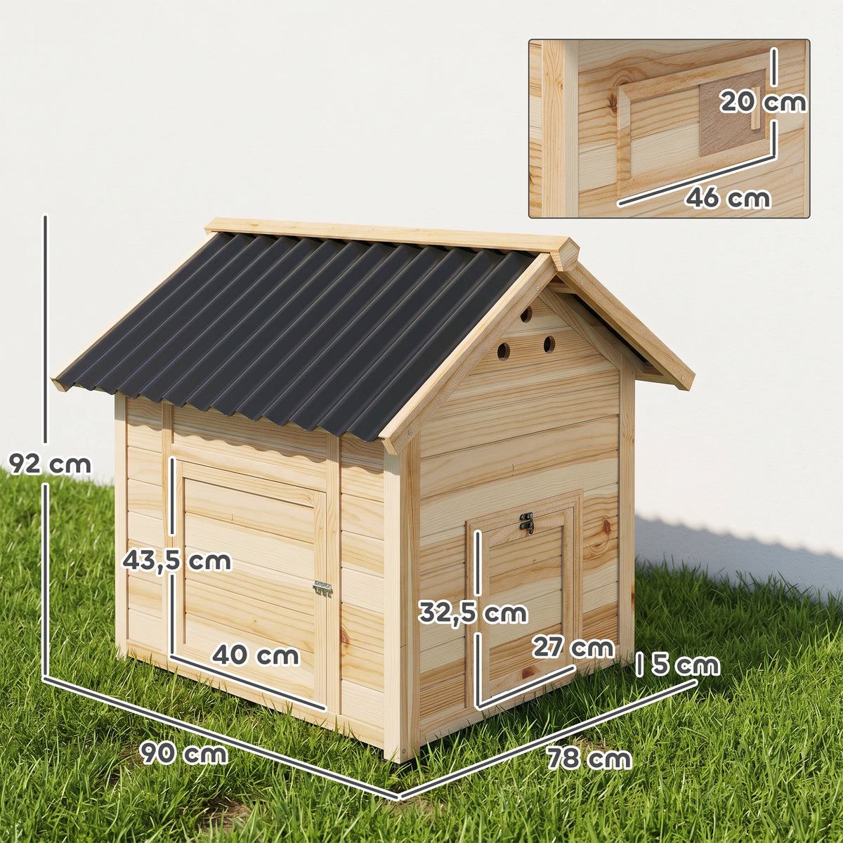 Poulailler en bois pour canards abri pour canards toit ouvrant double porte 78 x 90 x 92 cm effet bois naturel-2