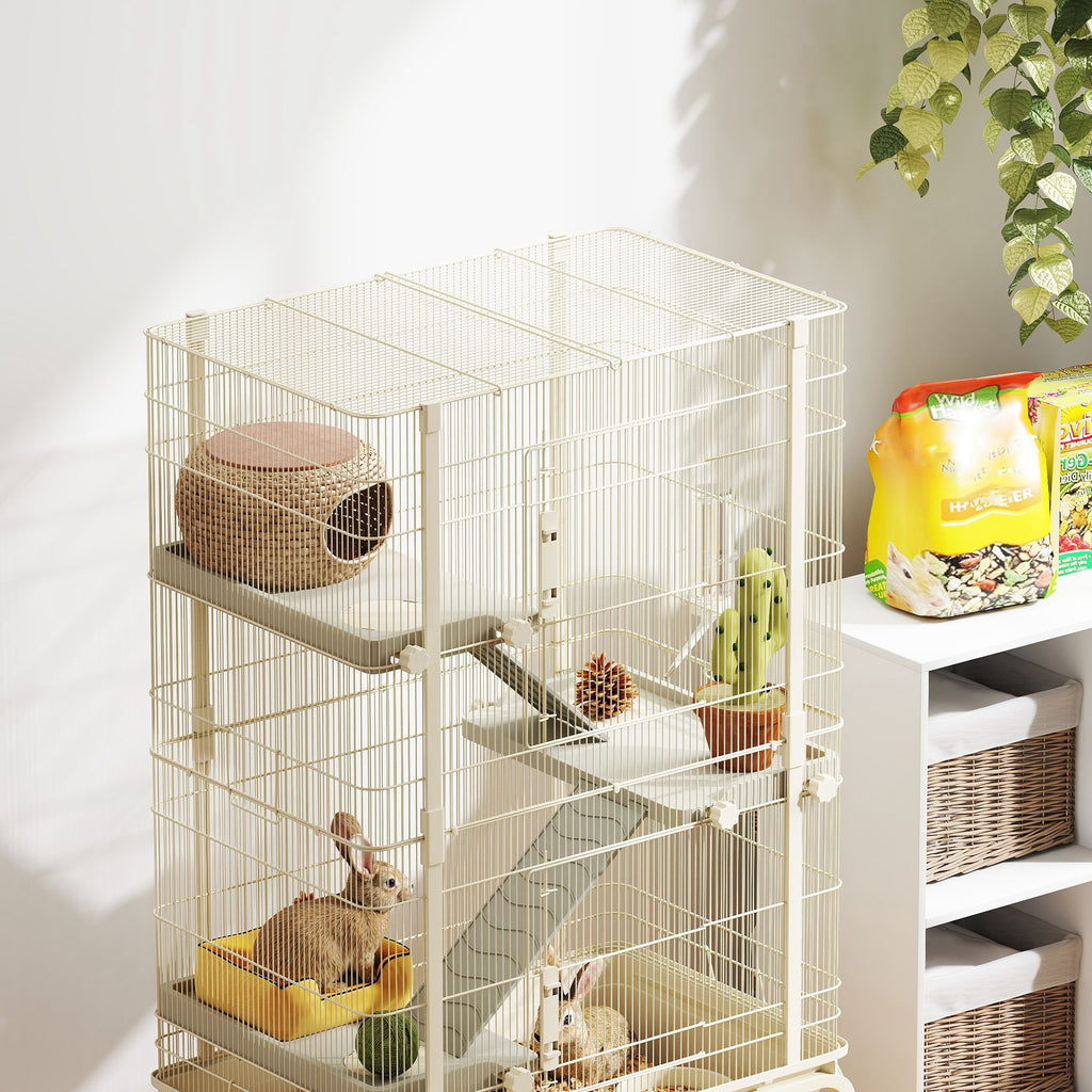 Cage pour lapin enclos à 4 niveaux avec 2 portes 3 rampes plateau profond roulettes 69 x 44 x 120 cm beige-7