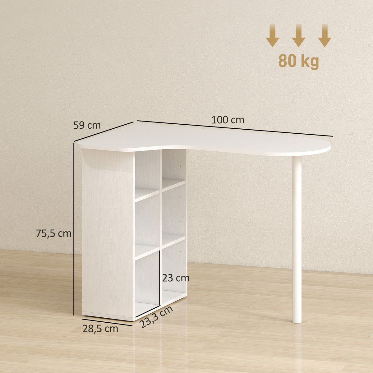 Bureau irrégulier table d'ordinateur 100 x 59 cm avec 6 compartiments, 4 étagères réglables et cadre en acier, blanc-2