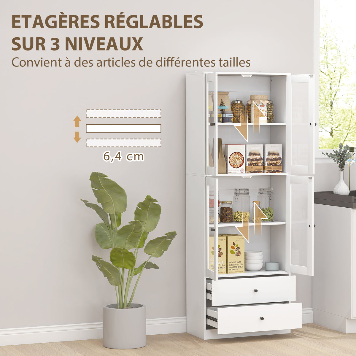 Buffet haut cuisine, armoire de cuisine avec portes vitrées, tiroirs et étagères réglables, 59x30x170cm, blanc brillant-4