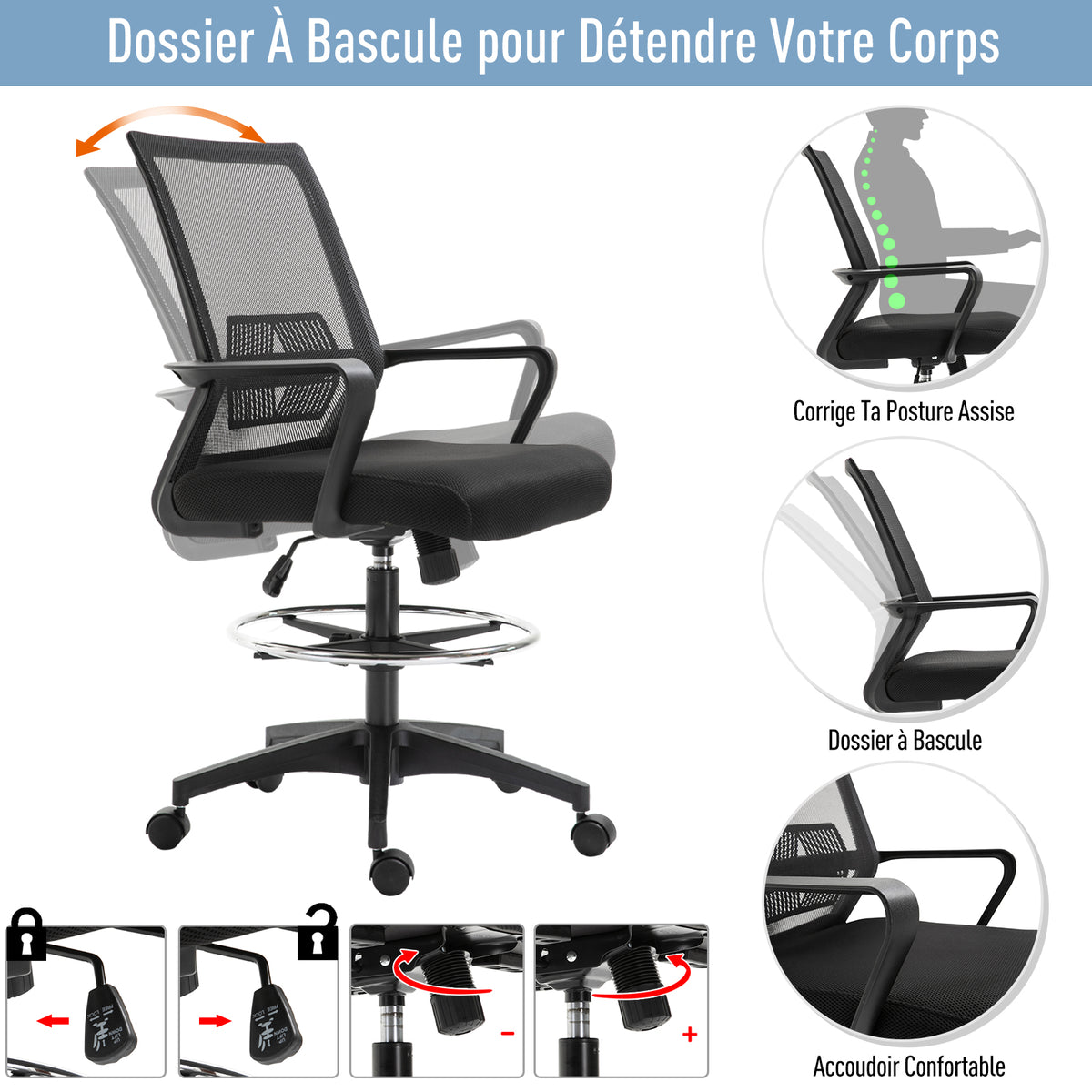 Fauteuil de bureau chaise de bureau assise haute réglable dim. 64L x 59l x 104-124H cm maille respirante noir-3